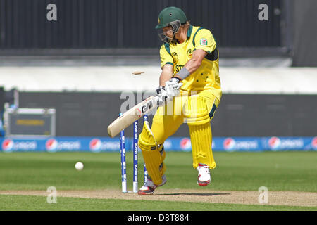 Cardiff, Wales, UK. 4. Juni 2013. Australiens Shane Watson ist durch Indiens Irfan Pathan während der ICC Champions Trophy Pre Turnier internationalen Cricket-Match zwischen Indien und Australien in Cardiff Wales Stadium Aufwärmen am 4. Juni 2013 in Cardiff, Wales rollte. (Foto von Mitchell Gunn/ESPA/Alamy Live-Nachrichten) Stockfoto