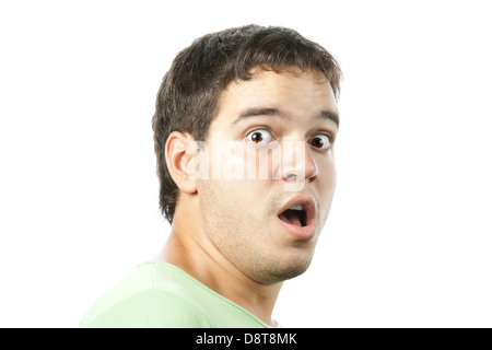 Angst junger Mann Porträt isoliert auf weiss Stockfoto