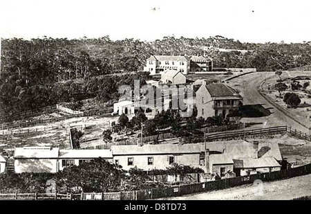 Dieses Foto aus dem Jahr 1885 zeigt Katoomba, eine Stadt in den Blue Mountains in New South Wales. Es umfasst das berühmte Carrington Hotel und die Blue Mountains Line Railway, die die historische Entwicklung der Gegend im späten 19. Jahrhundert widerspiegeln. Stockfoto