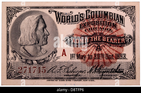 Christopher Columbus Gravur, Ticket für die World Columbian Exposition, Chicago, Illinois, 1893 Stockfoto