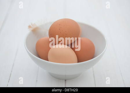 Frisch gelegt organische Freilandhaltung Eiern in eine Schüssel geben. Stockfoto