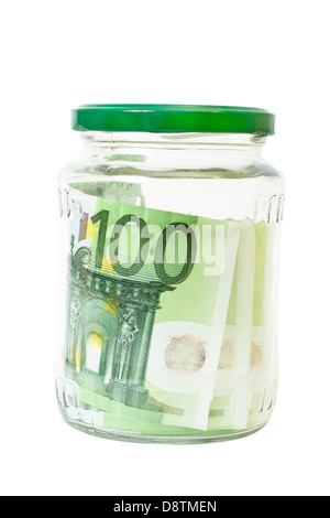 Euro-Banknoten Einsparungen in einem Glas Stockfoto