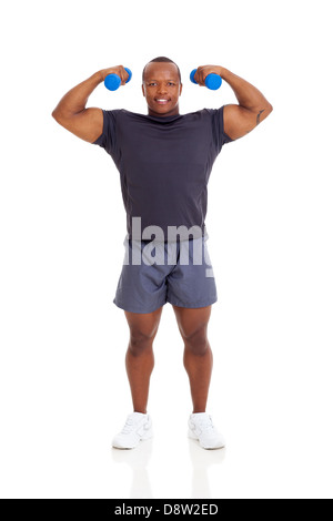 Afro american muskulöser Mann zeigt Muskeln, Training mit Hanteln Stockfoto