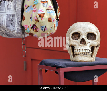 Schädel und Taschen zum Verkauf bei einem Straßenhändler stall in Los Angeles Plaza Park in der Nähe von Olvera Street, Downtown Los Angeles. Stockfoto