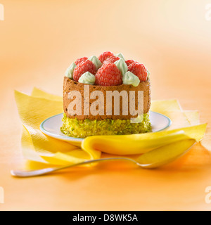 Pistazien und Schokolade Mousse Torte mit Himbeeren und Pistazien Sahne garniert Stockfoto