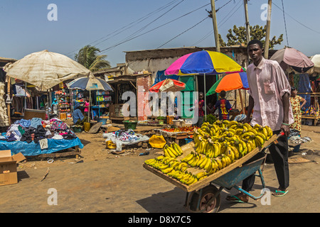 Bananenverkäufer auf dem Markt von Serrekunda, Gambia Stockfoto