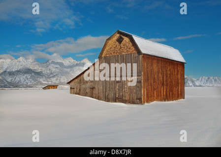 Die malerische und rustikalen Mormone Zeile Scheune in Jackson, Wyoming im winter Stockfoto