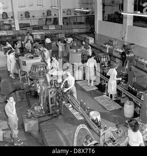 Historische der 1950er Jahre. Obenliegende Bild einer Gruppe von männlichen und weiblichen Arbeitnehmern in einer Abfüllanlage Anlage oder Fabrik. Stockfoto