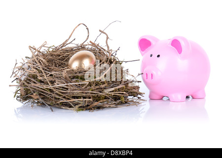 Sparschwein, die auf der Suche nach dem goldenen Ei im Nest, isoliert auf weiss Stockfoto