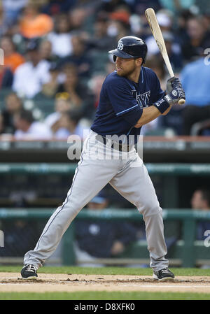 Detroit, Michigan, USA. 5. Juni 2013. Tampa Bay Rays zweiter Basisspieler Ben Zobrist (18) at bat während MLB Spielaktion zwischen den Tampa Bay Rays und die Detroit Tigers im Comerica Park in Detroit, Michigan. Die Strahlen besiegten die Tigers 3: 0. Bildnachweis: Cal Sport Media/Alamy Live-Nachrichten Stockfoto