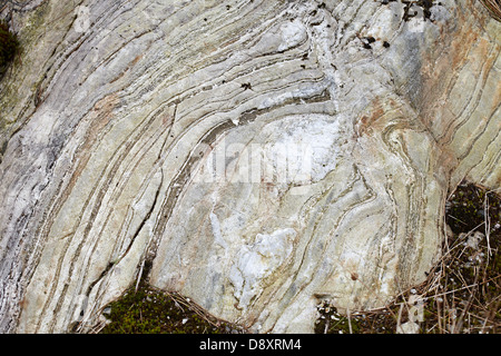 Forstwirtschaft an Polloch und Loch Shiel. Schicht Felsformationen Stockfoto