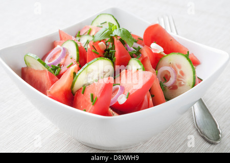 Tomatensalat mit Gurken, Zwiebeln und Schnittlauch Stockfoto
