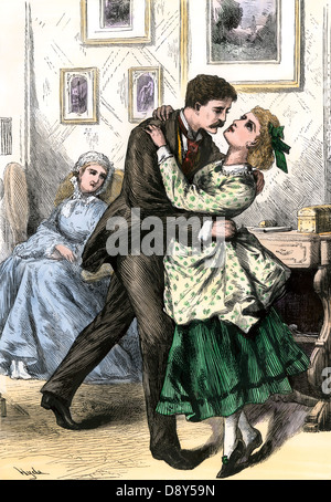 Mann hält eine junge Frau in seinen Armen, 1880. Hand - farbige Holzschnitt Stockfoto
