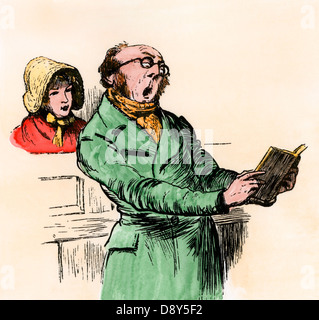 Die kirchgänger singen Weihnachtslieder aus einem Gesangbuch, 1800. Hand - farbige Holzschnitt einer Caldecott Abbildung Stockfoto