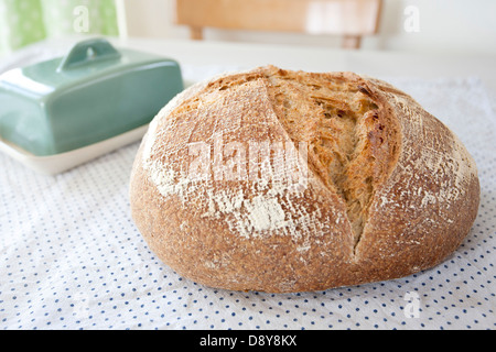 Hausgemachte Sauerteigbrot, Cob, ein Brot mit Kruste, eine Bäckerei, ein Markt, frische Bio-Lebensmittel. Stockfoto