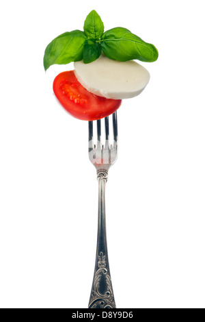 Caprese-Salat sticked auf Gabel Stockfoto