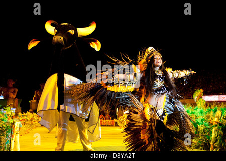 BOI Bumbá Festival. Team Garantido, eine Tänzerin mit Federschmuck mit Ochsen Garantido Stockfoto