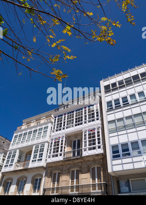 Verglaste Fenster Balkone, genannt Galerías in Betanzos, Galicien, Spanien, Europa Stockfoto