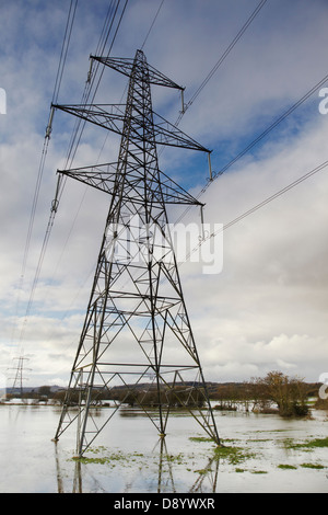 Strommasten stehen überflutete Landschaft im Tal des Flusses exe, bei Stoke Canon, bei Exeter, Devon, Großbritannien. Stockfoto
