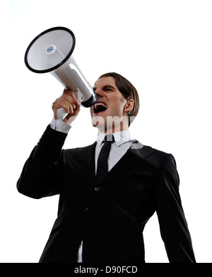 Ein Mann in einem Anzug schreien in ein Megaphon, Schweden. Stockfoto