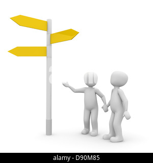 Ein Zeichen sagt der anderen, gibt es drei gelbe Wege. Stockfoto
