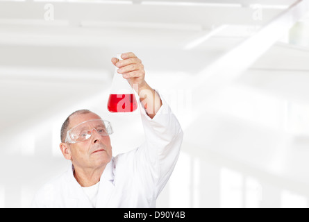 Wissenschaftler betrachten Becher im Labor Stockfoto