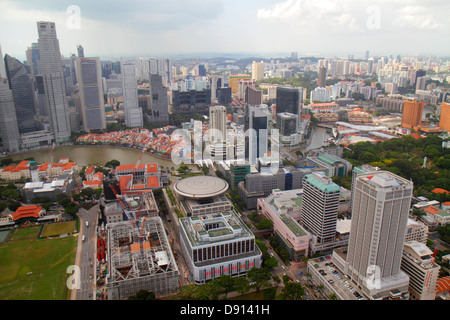 Skyline von Singapur, Wolkenkratzer, Luftaufnahme von oben, Singapore River, Boat Quay, New Supreme Court, Parliament House, Treasury, North Bridge Stockfoto