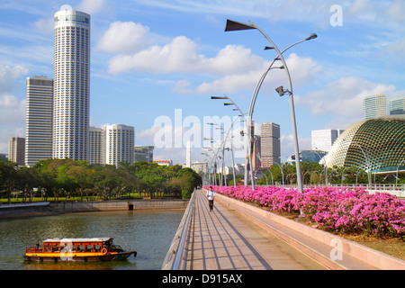 Singapore Singapore River, Esplanade Drive, Esplanade Theatres on the Bay, Theater, Theater, Swissotel The Stamford, Hotel, Wolkenkratzer, Wassertaxi, Kreuzfahrtboot Stockfoto