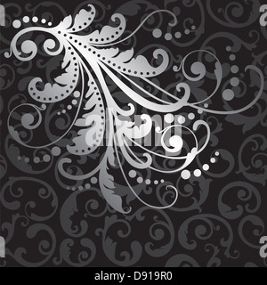 Floral Silber Gestaltungselement auf nahtlose schwarz wirbelt Tapetenmuster. Stockfoto