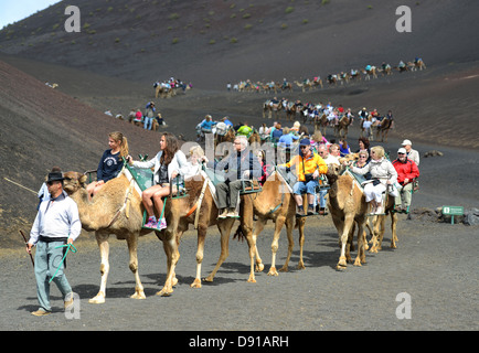 Lanzarote, Kamel reitet, Touristen genießen Kamel reiten auf Lanzarote, Kanarische Inseln Stockfoto