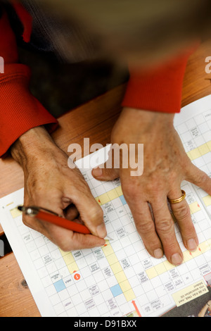 Frau lösen eine Kreuzworträtsel, Schweden. Stockfoto