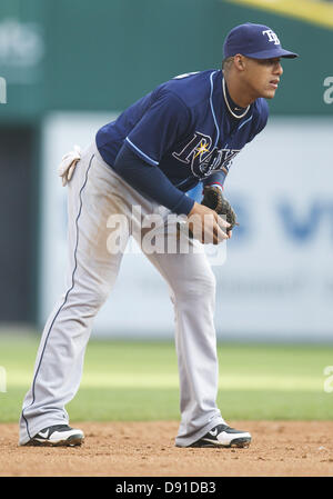 4. Juni 2013 - Detroit, Michigan, Vereinigte Staaten von Amerika - 4. Juni 2013: Tampa Bay Rays Shortstop Yunel Escobar (11) während MLB Spielaktion zwischen den Tampa Bay Rays und die Detroit Tigers im Comerica Park in Detroit, Michigan. Die Tiger besiegte die Strahlen 10-1. Stockfoto