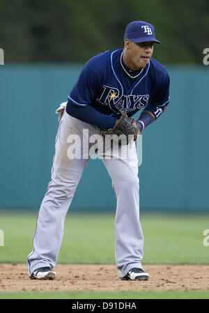 4. Juni 2013 - Detroit, Michigan, Vereinigte Staaten von Amerika - 4. Juni 2013: Tampa Bay Rays Shortstop Yunel Escobar (11) während MLB Spielaktion zwischen den Tampa Bay Rays und die Detroit Tigers im Comerica Park in Detroit, Michigan. Die Tiger besiegte die Strahlen 10-1. Stockfoto