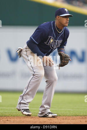 5. Juni 2013 - Detroit, Michigan, Vereinigte Staaten von Amerika - 5. Juni 2013: Tampa Bay Rays Shortstop Yunel Escobar (11) während MLB Spielaktion zwischen den Tampa Bay Rays und die Detroit Tigers im Comerica Park in Detroit, Michigan. Die Strahlen besiegten die Tigers 3: 0. Stockfoto