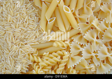 Risoni, Penne, Farfalle und Fusilli. Italienische Küche Pasta Essen Sorten Hintergrund. Stockfoto