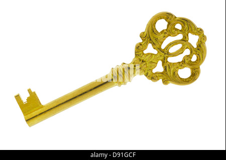 antike goldene Schlüssel isoliert auf weißem Hintergrund Stockfoto