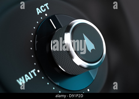 Schaltfläche "Entscheidung" mit den Worten warten und zu handeln, Taste Pfeil nach der Wort-Aktion. 3D rendern, Konzept-Bild für Eigeninitiative Stockfoto