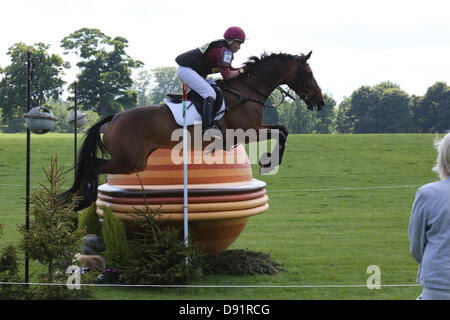 Leeds Braham UK. 8. Juni 2013. Zuschauer zusehen, wie ein Fahrer den Yorkshire Abend Post Globus Sprung während der Langlauf-Veranstaltung bei den 40. Braham Horse Trials löscht. Bildnachweis: S D Schofield/Alamy Live-Nachrichten Stockfoto