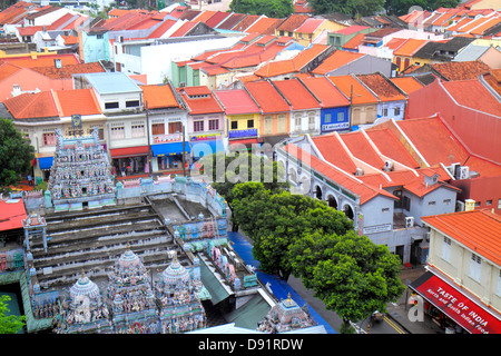 Singapur, Little India, Luftaufnahme von oben, Sri Veeramakaliamman Tempel, Hindu, bindi, zweistöckiges, Geschoss, Ladenhäuser, Ladenhaus, rote Lehmziegelstube Stockfoto