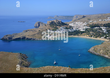 Luftaufnahme von Lindos, Rhodos (Rodos), die Dodekanes, South Aegean Region, Griechenland Stockfoto