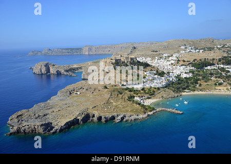 Luftaufnahme von Lindos, Rhodos (Rodos), die Dodekanes, South Aegean Region, Griechenland Stockfoto