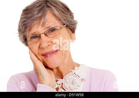 ältere Frau Kopfschuss auf weißem Hintergrund Stockfoto