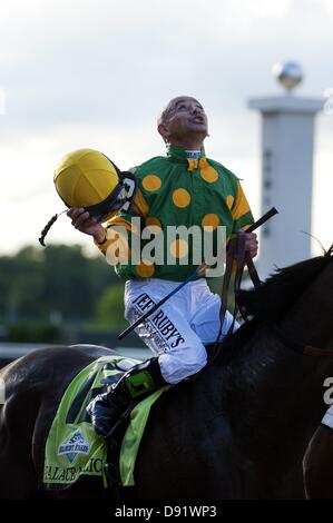 Elmont, New York, USA. 8. Juni 2013. Jockey Mike Smith feiert nach dem Sieg der 145. laufen des Pfahles Belmont auf Schloss Bosheit im Belmont Park in Elmont, New York am 8. Juni 2013. (Bild Kredit: Kredit: Tj Root/Eclipse/ZUMAPRESS.com/Alamy Live-Nachrichten) Stockfoto