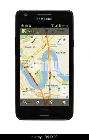 Samsung Galaxy S2 Smartphone mit Google-Karte von Brisbane, Australien auf dem Display. Stockfoto