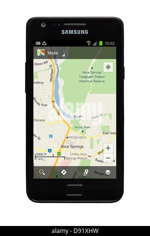 Samsung Galaxy S2 Smartphone mit Google-Karte von Alice Springs, Australien auf dem Display. Stockfoto