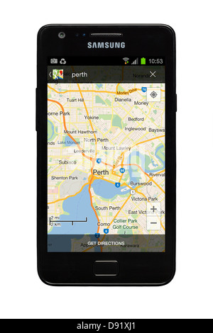 Samsung Galaxy S2 Smartphone mit Google-Karte von Perth, Australien auf dem Display. Stockfoto