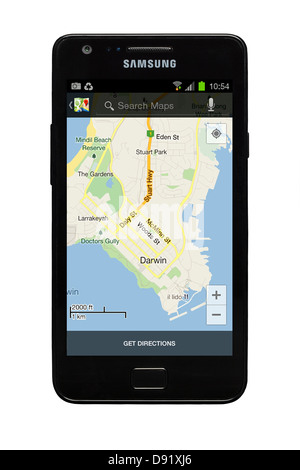 Samsung Galaxy S2 Smartphone mit Google-Karte von Darwin, Australien auf dem Display. Stockfoto