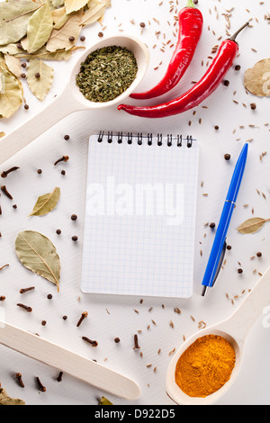 Notizbuch und Stift, Rezepte rund um heiße rote Paprika mit Gewürzen auf einem weißen Hintergrund zu schreiben Stockfoto