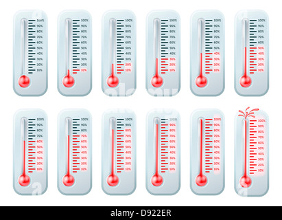 Reihe von Illustrationen ein Thermometer mit steigenden Temperaturen. Fortschritt zu Ziele oder Ziele, zeigt Prozentsatz. Stockfoto