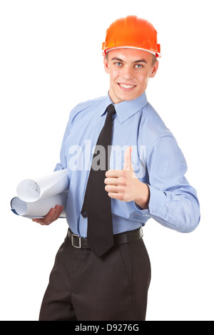 Inspektor in einer orange Helm auf weißem Hintergrund Stockfoto